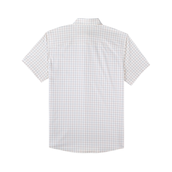 back view of short sleeve blue and red plaid shirt