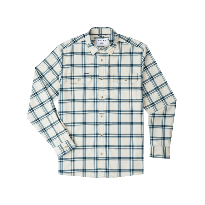 product photo of off-white blue plaid flannel front