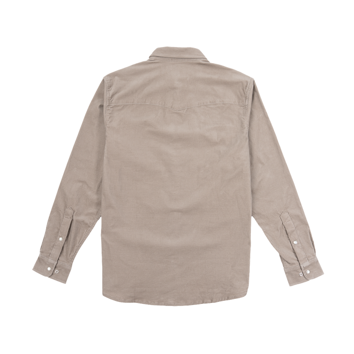 Back view of The Mouflon beige shirt with long sleeves and buttoned cuffs laid flat on white background