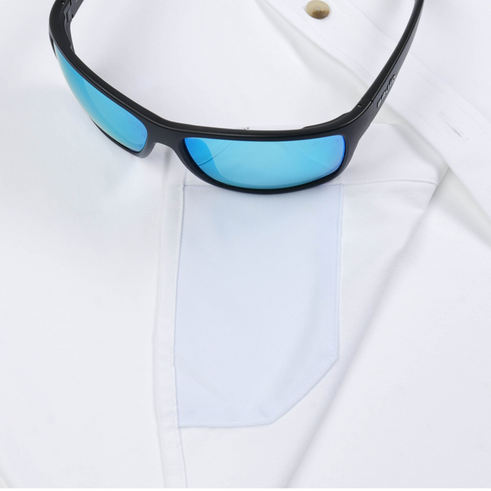 The Mountain Goat white shirt with blue tinted sunglasses
