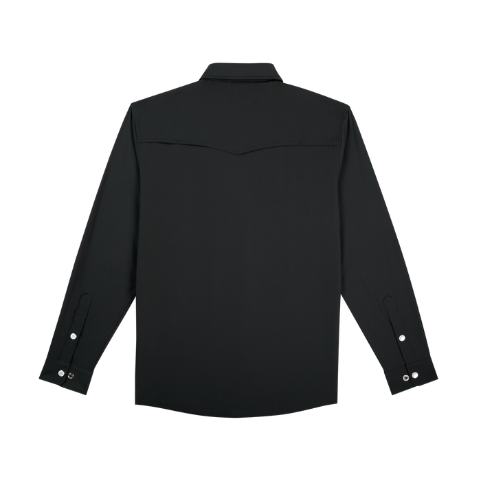 Back view of black long sleeve shirt named The Newt