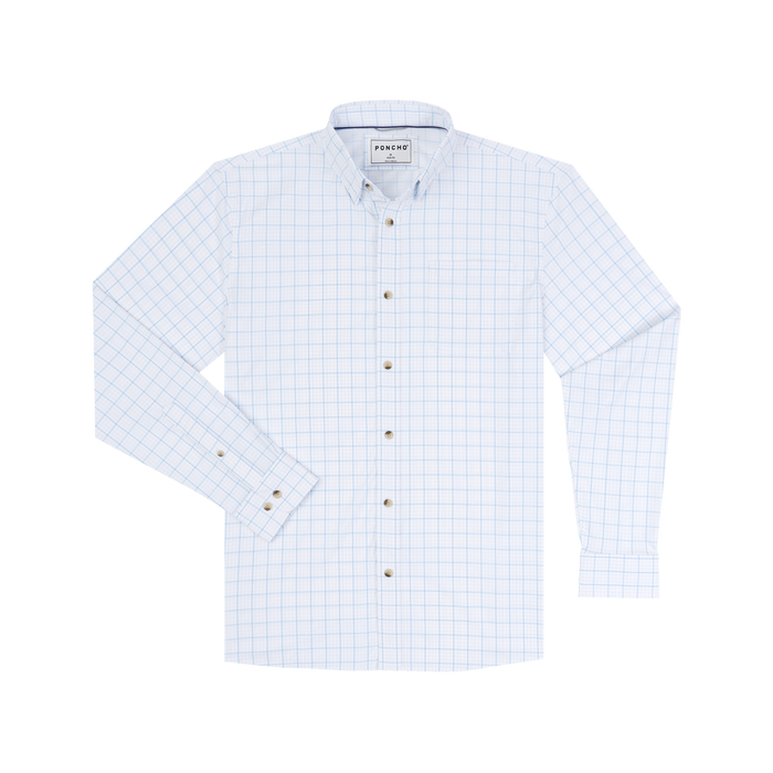 The Panga white button-up shirt with a light blue grid pattern and long sleeves