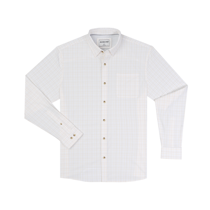 The Pascagoula white long sleeve button down shirt with a subtle plaid pattern
