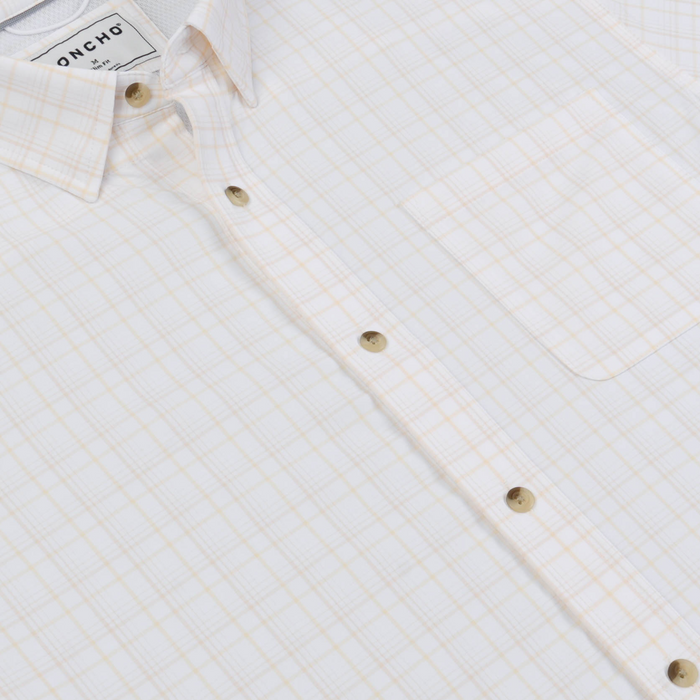 The Pascagoula white plaid shirt with a button front and tan buttons