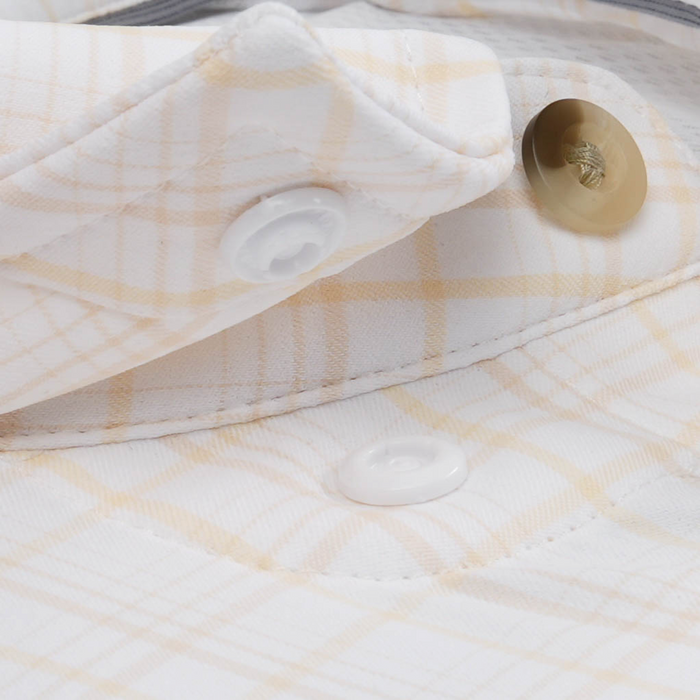 The Pascagoula white and tan plaid shirt close up with button details