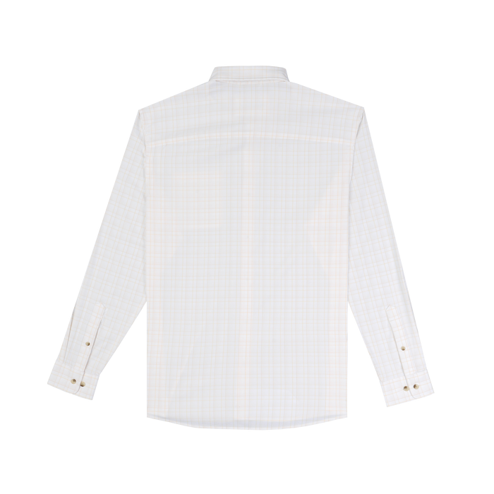The Pascagoula white plaid long sleeve shirt with button cuffs, shown from the back