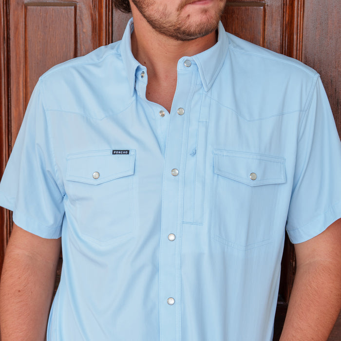 The Pedernales light blue short sleeve shirt with button down collar and dual chest pockets