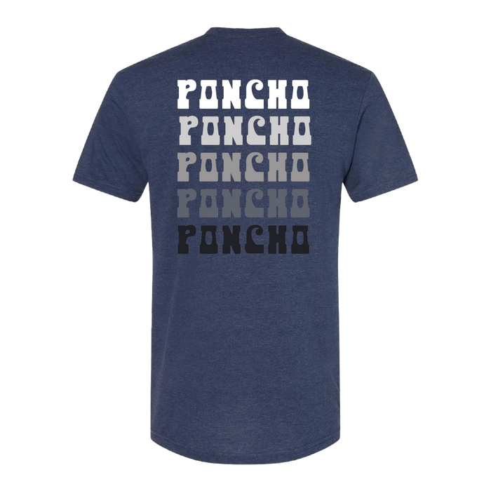 Back of The Poncho Strata T-Shirt with gradient Poncho text design on a dark blue comfortable outdoor shirt