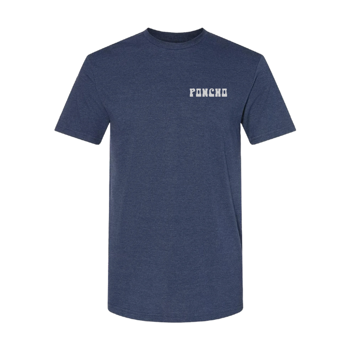 The Poncho Strata T-Shirt in navy blue with Poncho logo on chest, comfortable outdoor shirt