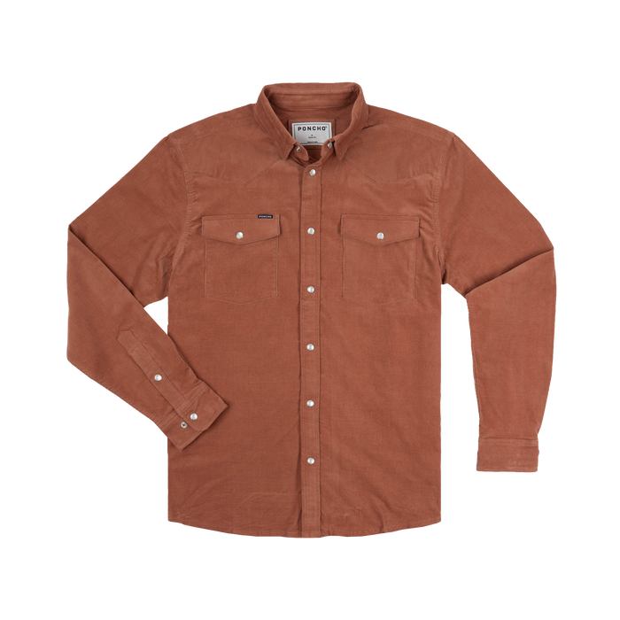 The Red Bud shirt in a warm brown tone with buttoned pockets and button-down collar, perfect for outdoors.