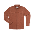 The Red Bud shirt in a warm brown tone with buttoned pockets and button-down collar, perfect for outdoors.