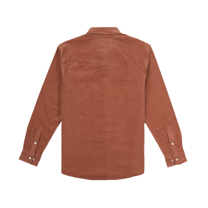 The Red Bud shirt in warm rust color with textured fabric and buttoned cuffs shown from the back
