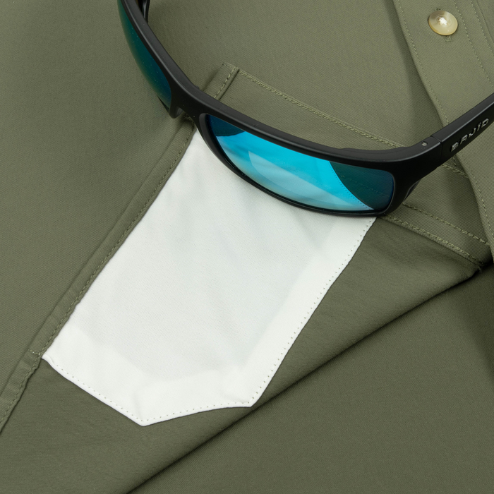 sunglasses with lens cleaner on shirt