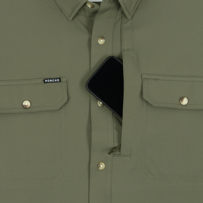 phone in chest zipper pocket of shirt