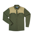 The Roosevelt green outdoor shirt with quilted tan shoulder panels and front pockets