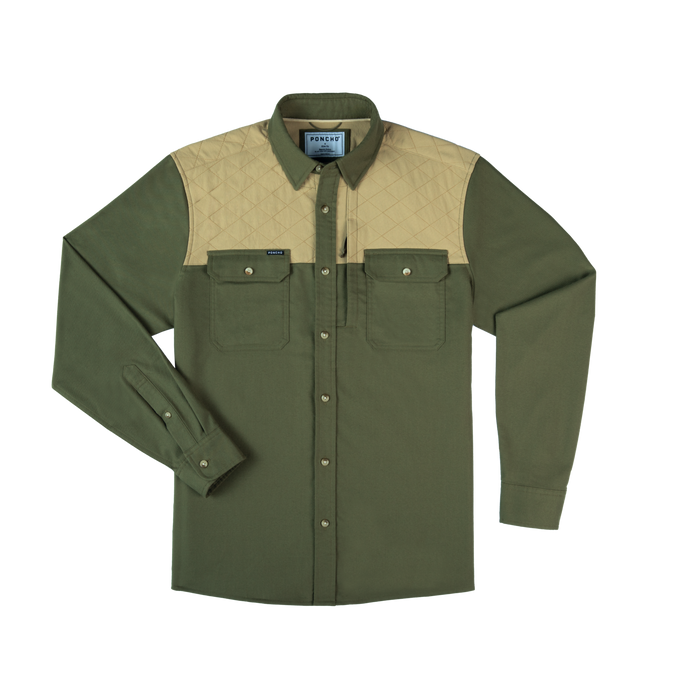 The Roosevelt green outdoor shirt with quilted tan shoulder panels and front pockets