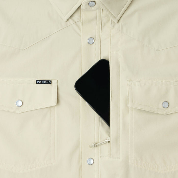 phone in chest zipper pocket of shrit
