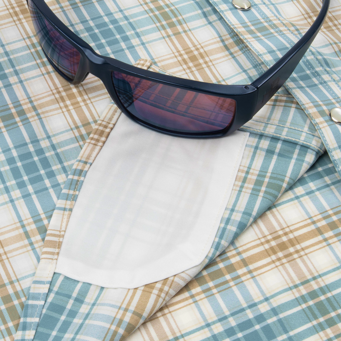 sunglasses with lens cleaner on shirt