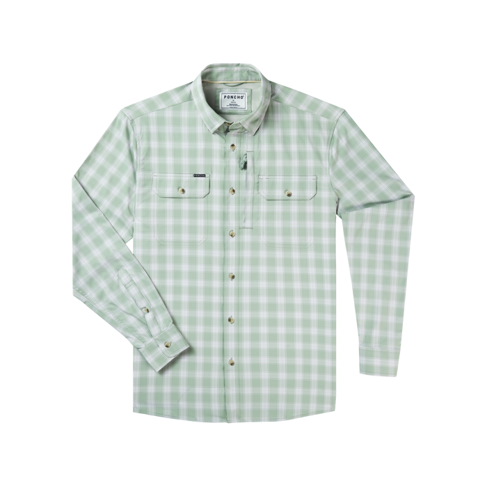 The Sapelo green checkered outdoor shirt with long sleeves and button pockets