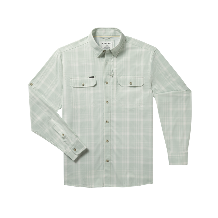 Button down green plaid fishing shirt