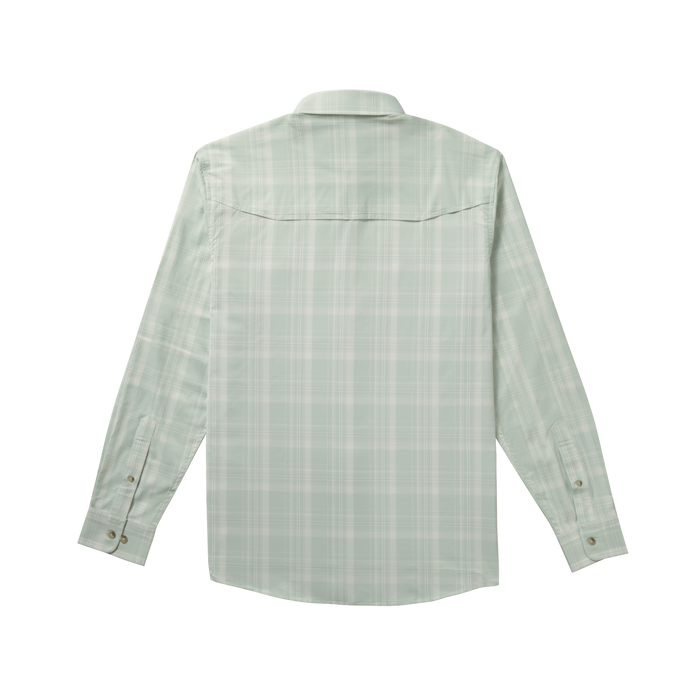 Back of green plaid long sleeve shirt