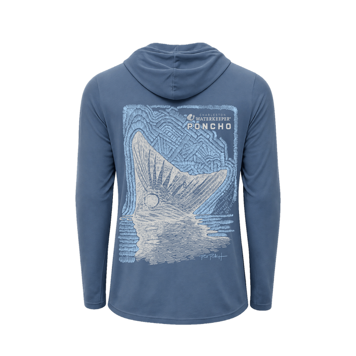 Back view of a blue long-sleeve shirt with a fish tail graphic and Waterkeeper Poncho branding, The Spartina.