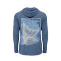 Back view of a blue long-sleeve shirt with a fish tail graphic and Waterkeeper Poncho branding, The Spartina.