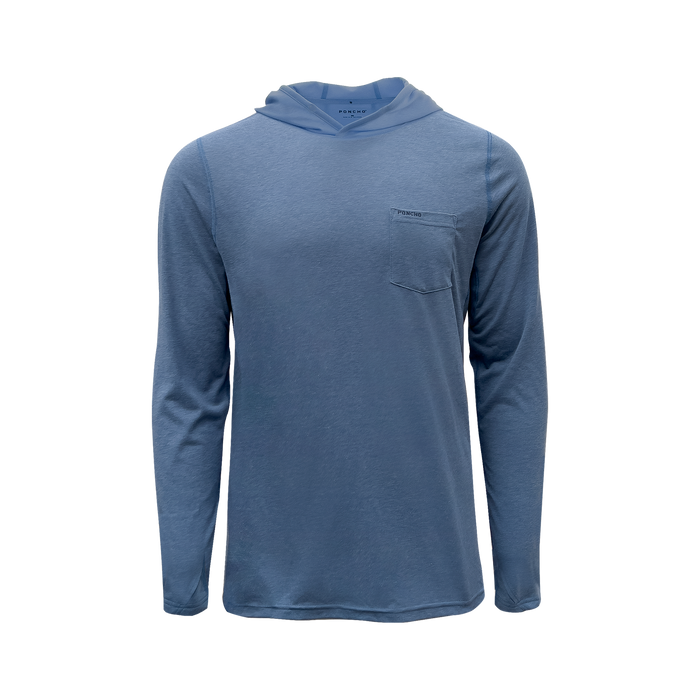 The Spartina long-sleeve hooded shirt in blue with a chest pocket, perfect for outdoors wear.