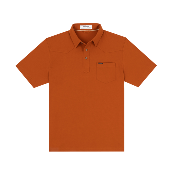 The Speedway rust orange shirt with a chest pocket and three-button collar in a clean, simple design.