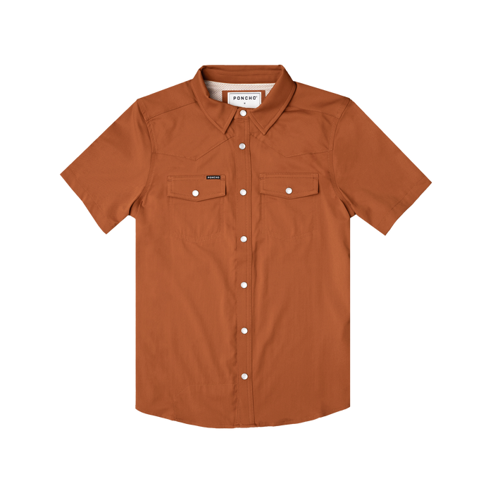 The Spur rust orange short sleeve shirt with buttoned chest pockets from Poncho Outdoors