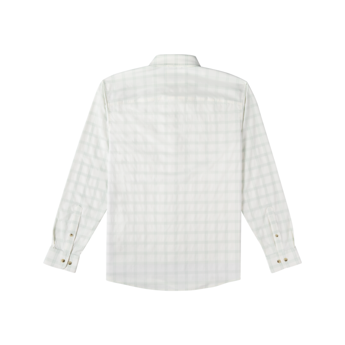 back view of green plaid long sleeve shirt