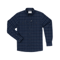 The Sturgeon navy plaid long sleeve button down shirt displayed against a dark background