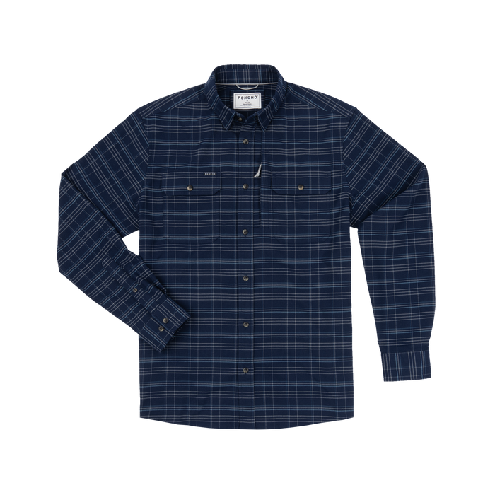 The Sturgeon navy plaid long sleeve button down shirt displayed against a dark background