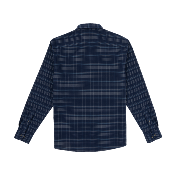 The Sturgeon navy blue plaid long sleeve shirt back view