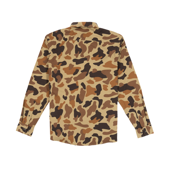 The Stuttgart shirt shown from the back with a brown and tan camouflage pattern and long sleeves.