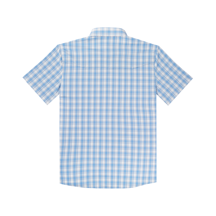 photo of the back of blue and white plaid shirt