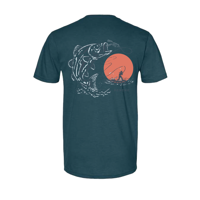 The Topwater T-Shirt with fishing graphic and orange sun backdrop