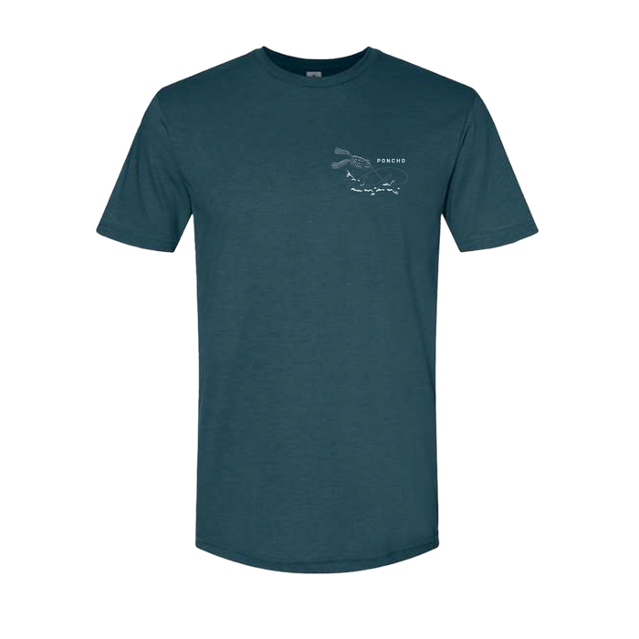 The Topwater T-Shirt in dark teal with a small white fishing graphic and Poncho Outdoors logo