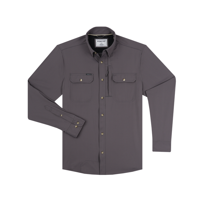 The Tripletail long-sleeve shirt in muted gray with buttoned chest pockets, designed for Outdoors wear.