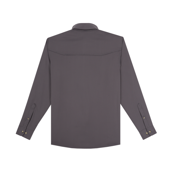 The Tripletail shirt shown from the back in dark gray with long sleeves and buttoned cuffs.
