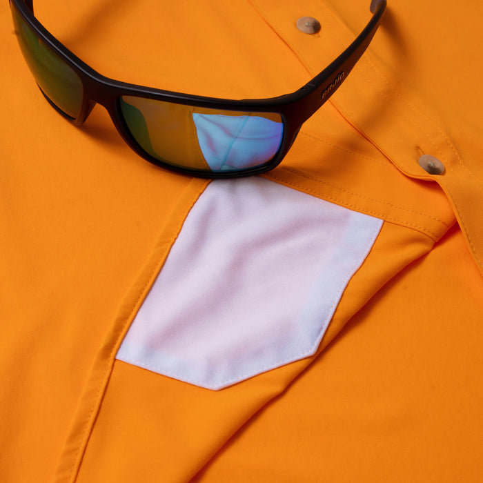 sunglasses with lens cleaner on shirt