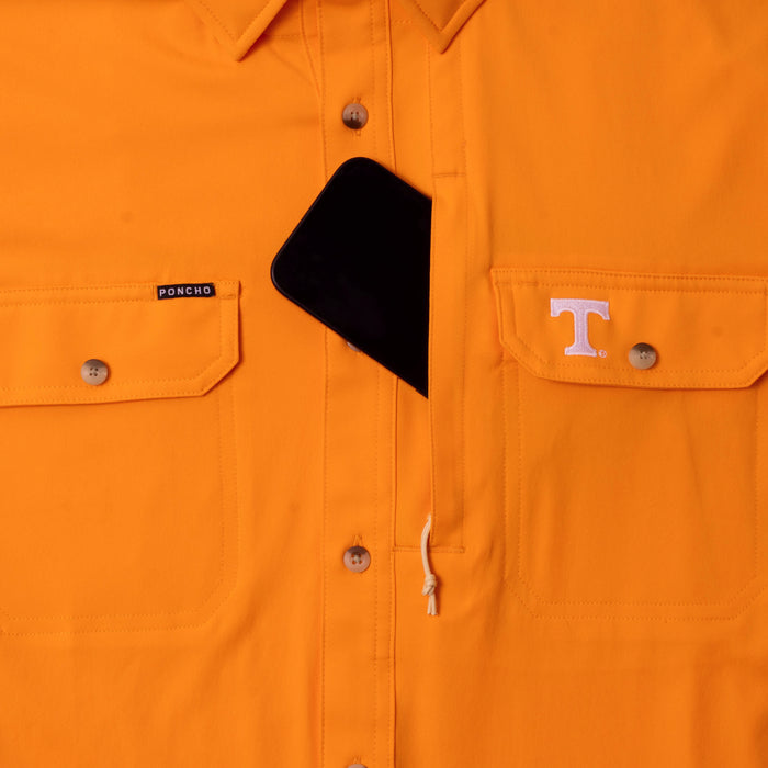 phone in chest zipper pocket of shirt