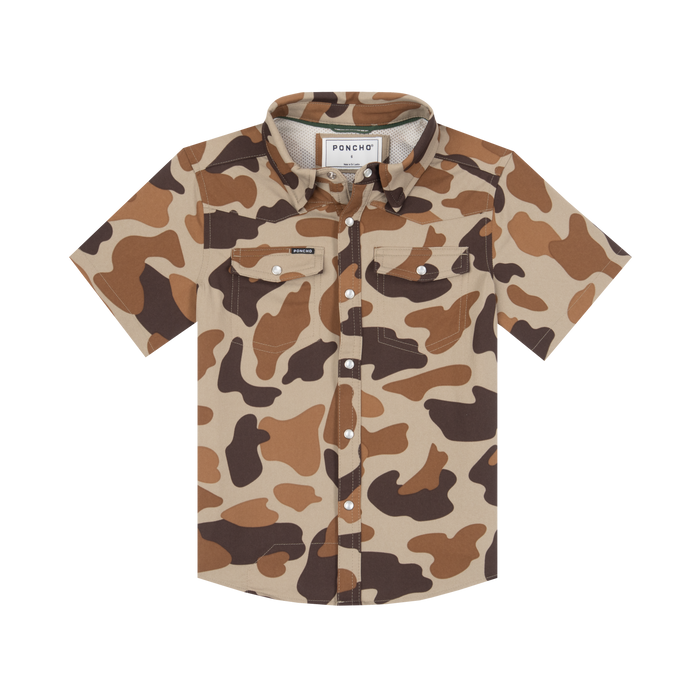 The Wingman short sleeve shirt with brown and tan camouflage pattern and button-down front.