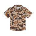 The Wingman short sleeve shirt with brown and tan camouflage pattern and button-down front.