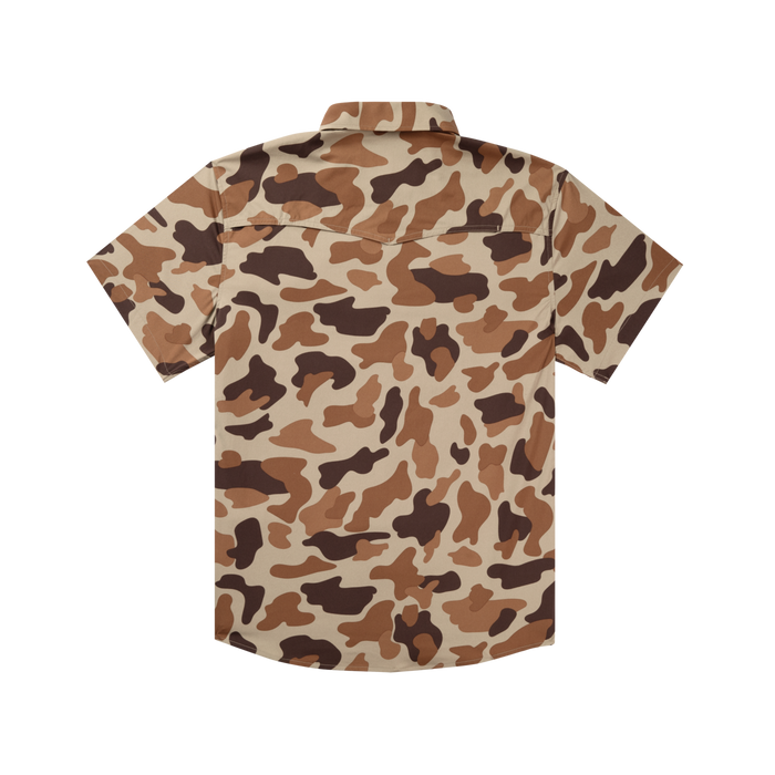 The Wingman shirt in brown and tan camouflage pattern, short-sleeve design perfect for outdoor wear.