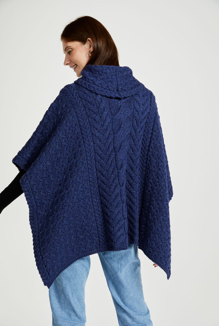 Made in Ireland, navy, poncho, knitwear, aran, wool poncho, wrap, merino wool, made in Ireland