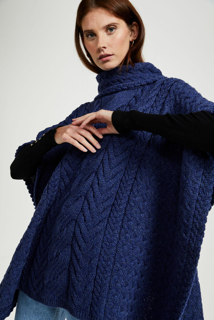 Made in Ireland, navy, poncho, knitwear, aran, wool poncho, wrap, merino wool
