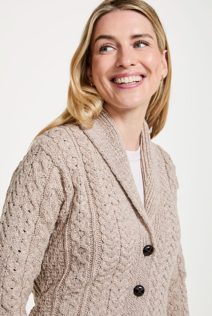 Ladies wool cardigan, merino wool, made in Ireland, knitwear, cable knit, V neck sweater, cardigan, aran sweater, oat
