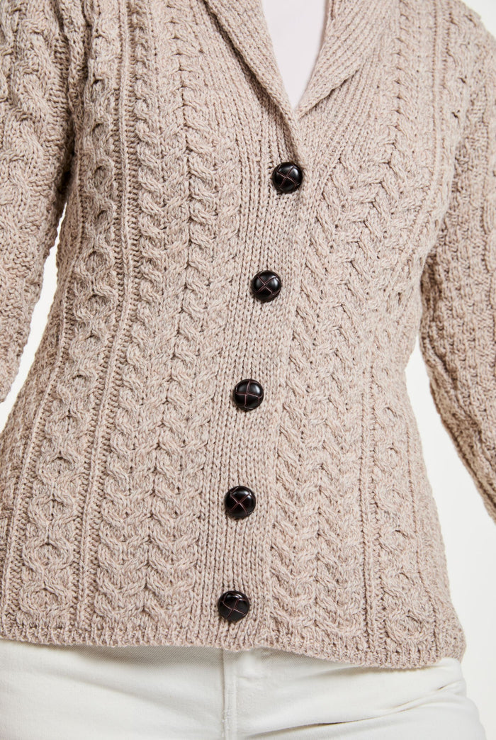 Ladies wool cardigan, merino wool, made in Ireland, knitwear, cable knit, V neck sweater, cardigan, aran sweater, oat