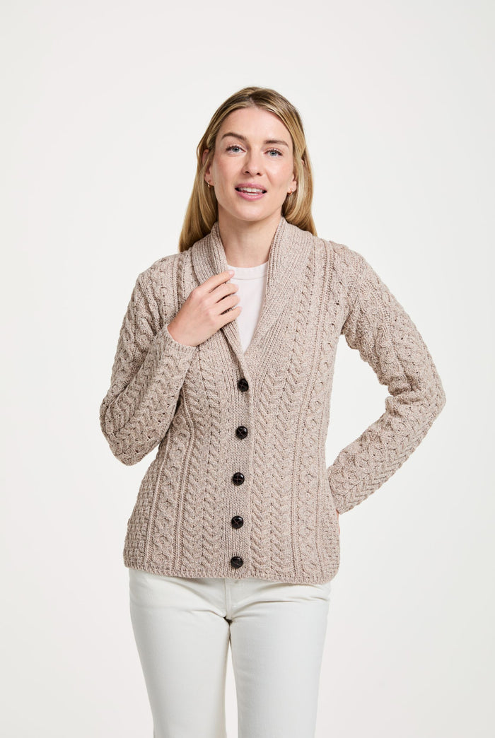 Ladies wool cardigan, merino wool, made in Ireland, knitwear, cable knit, V neck sweater, cardigan, aran sweater, oat